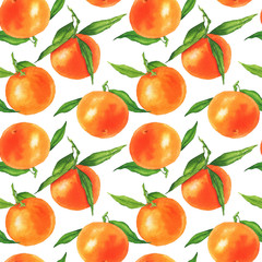 Seamless pattern with watercolor tangerines on a white