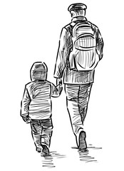 Fototapeta na wymiar Sketch of father with his kid walking down street