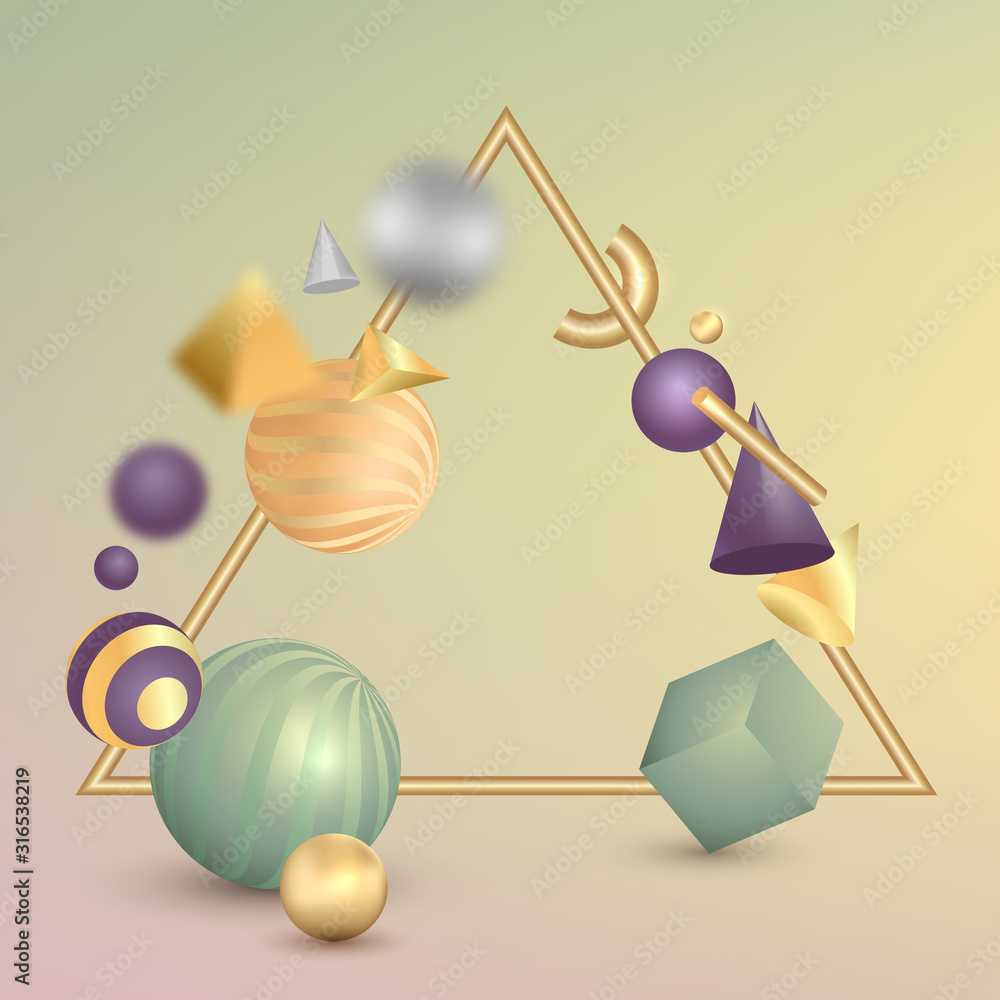 Poster blank banner with geometric shapes 3d effect on gradient surface. vector background with bright colo