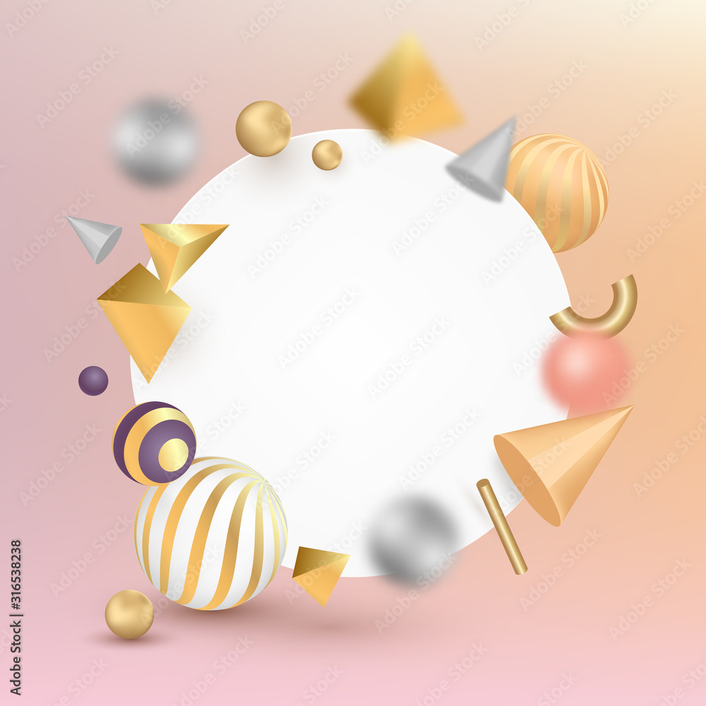 Poster blank banner with geometric shapes 3d effect on gradient surface. vector background with bright colo