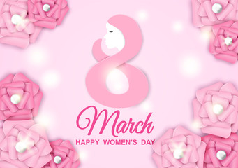 8 march. Happy Woman's Day background. Design with flower, paper art. Vector.