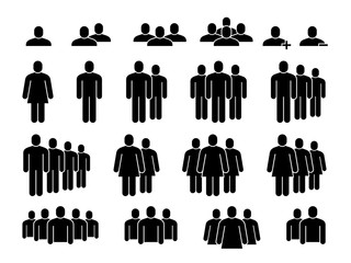 People icons. Human community group, people crowd. Meeting employees, staff and population signs, user silhouette figures vector set