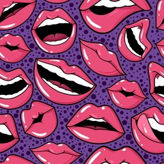 Lips seamless pattern. Cosmetics beauty and makeup, bright pink red lipstick and gloss sexy sweet kiss trendy wallpaper design vector texture