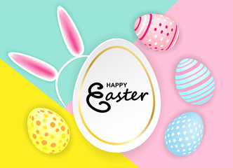 Happy easter. Celebration. Colorful easter egg and Bunny Headband on colorful pastels paper background. light and shadow . Vector.