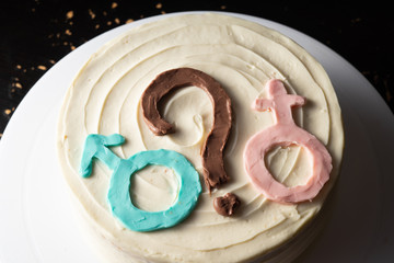 Cake with vanilla biscuit. Mars and Venus? View from above. Classic cheesecake.