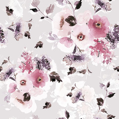 Seamless watercolor pattern with a bouquet of anemone - 316539003