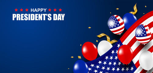 Presidents Day USA. Background. Design with balloons,  USA flag and gold foil confetti. Vector.