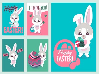 Easter flyers. Traditional fun elements for easterd holiday invitation with eggs and happy cute bunny vector set
