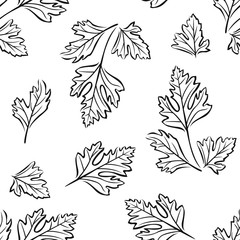 Fototapeta premium Parsley black and white seamless pattern. Seasoning, spice, herb outline image. Botanical background.