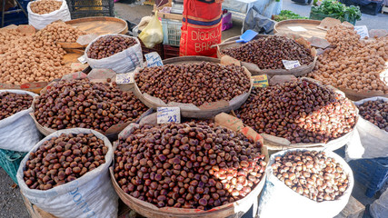 Different types of chestnuts displayed at a local bazaar in Pendik, Istanbul.