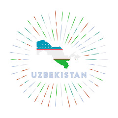 Uzbekistan sunburst badge. The country sign with map of Uzbekistan with Uzbekistani flag. Colorful rays around the logo. Vector illustration.