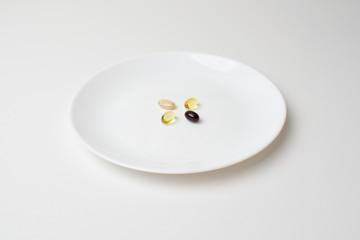 Plate with tablets. Meal replacement. Multivitamin and mineral supplements. First aid kit.