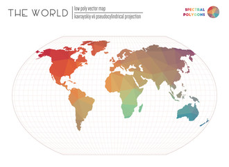 World map in polygonal style. Kavrayskiy VII pseudocylindrical projection of the world. Spectral colored polygons. Contemporary vector illustration.