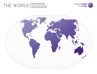 Polygonal world map. Winkel tripel projection of the world. Purple Shades colored polygons. Beautiful vector illustration.