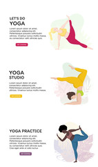 Vector illustration set with yoga and healthy lifestyle sports and body positive concept.Young happy oversized women in yoga position. For Mobile App Page or Website banner yoga classes