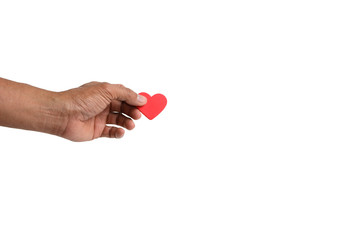 Red heart on hand isolated on white background, valentine concept.