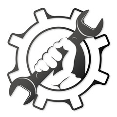 Wrench in hand and gear repair and service symbol