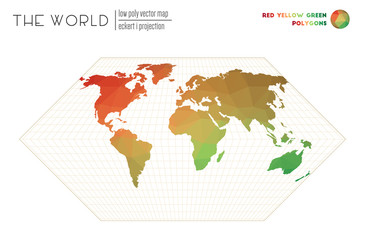 Low poly design of the world. Eckert I projection of the world. Red Yellow Green colored polygons. Amazing vector illustration.