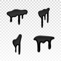 Drip paint 3D set. Ink stain. Drop melt liquid isolated on white transparent background. Splash of chocolate, oil, blood. Black graffiti. Splatter syrup, candy sauce, caramel. Vector illustration