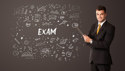 Businessman thinking with EXAM inscription, business education concept