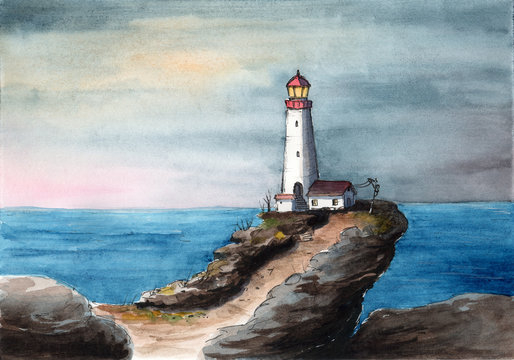 Watercolor picture of  a lighthouse  on the steep cliff with a small house and  blue sea on the background