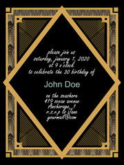 Vintage luxury art deco party invitation design templates with gold geometric ornament on a black background. Vintage invitation template design for drink list, bar menu, glamour event.