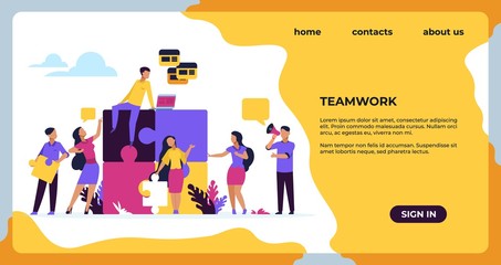 Business teamwork landing page. Puzzle elements with business people, leadership and collaboration. Vector web page construction team strategy for business development