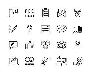 Survey line icons. Quiz and checklist stroke pictograms, customer questionnaire and feedback. Vector concept customer feedback option set for communication management marketing - obrazy, fototapety, plakaty