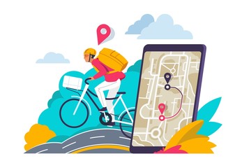 City navigation concept. Cartoon travelers looking for route in city map on smartphone or laptop. Vector GPS navigation illustration city directions for app mobile equipment