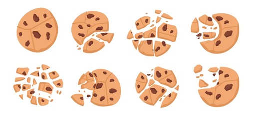 Chocolate chip cookies. Cartoon bitten broken sweet bakery with crumbs, pieces of round sweets. Vector delicious desserts isolated illustrations on white background