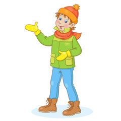 Funny boy stands in winter clothes and waves his hand. In cartoon style. Isolated on white background. Vector illustration.