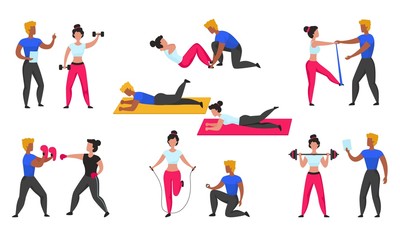 Gym coach. Personal workout fitness trainer, cartoon characters doing sport exercises and cardio and weightlifting. Vector illustration workout set with personal supporting during training athletes