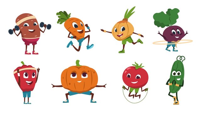 Cartoon vegetables exercises. Healthy food characters doing fitness activities and sport workout. Vector cute and funny vegetable set drawing food happy flat fresh character