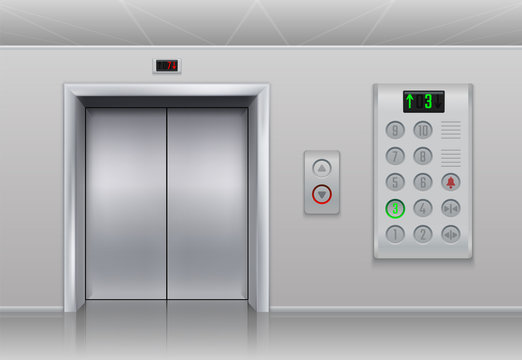 Elevator doors and buttons. Realistic cargo and passenger lift with metal doors, stainless steel buttons and floor indicator. Vector set steel panel with light indicator, lift door