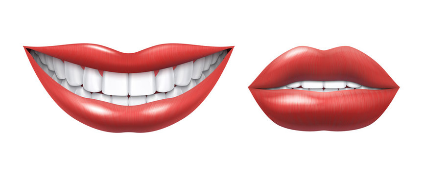 Realistic Smile. Woman Laughing Mouth With White Teeth And Lips, Oral Healthcare And Make Up Model. Vector Human Beauty Smile Illustration, Beautiful Girl Smiles Image On White Background
