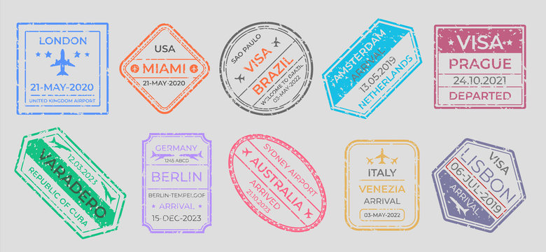 Passport stamps. International travel visa marking, business travel and immigration vintage labels. Vector airport stamp set world city travel arrivals symbol stamping traveling on gray background