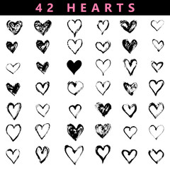 Paintbrush hand drawn heart design elements. Valentine's Day vector illustration set. Collection of love symbols for Valentine card, banner. Distress texture. Isolated on white background