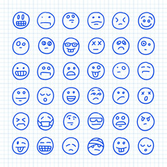 A Set of Emoji Icons Drawn by Hand on Squared Paper: Part 01. Vector Doodle Illustration.