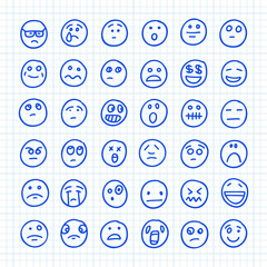 A Set of Emoji Icons Drawn by Hand on Squared Paper: Part 03. Vector Doodle Illustration.