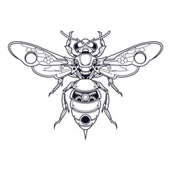 mechanical bee steampuk illustration, tshirt design and coloring book