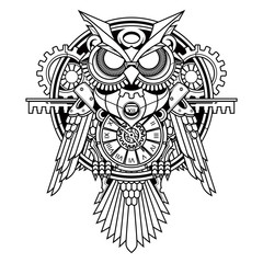owl steampunk illustration and tshirt design