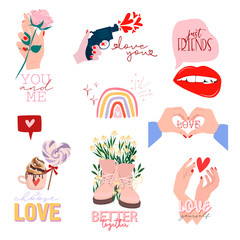 Set of Romantic prints for Valentines Day with cute lovely elements and typography. Editable vector illustration.