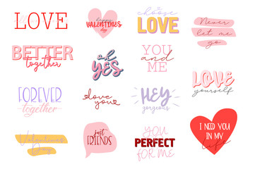 Set of cute romantic typography quotes for Valentines Day. Romantic typography perfect for prints. Editable vector illustration.