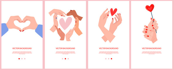 Set of various background for mobile app and social media content. Romantic expression of love with hand gestures. Editable vector illustration.