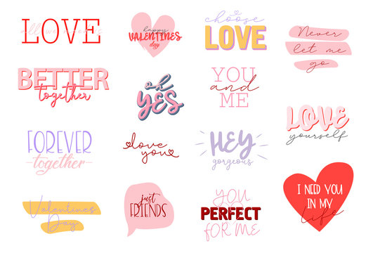 Set Of Cute Romantic Typography Quotes For Valentines Day. Romantic Typography Perfect For Prints. Editable Vector Illustration.