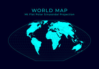Map of The World. McBryde-Thomas flat-polar sinusoidal equal-area projection. Futuristic Infographic world illustration. Bright cyan colors on dark background. Captivating vector illustration.