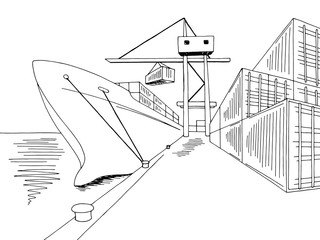 Fototapeta premium Port loading dry cargo ship graphic black white sea landscape sketch illustration vector