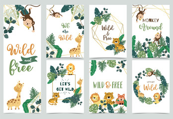 Fototapeta premium Collection of safari background set with giraffe,leopard,monkey,lion.Editable vector illustration for birthday invitation,postcard and sticker.Wording include wild and free