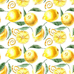 modèle sans couture de citrons jaunes avec des feuilles sur fond orange, illustration aquarelle
