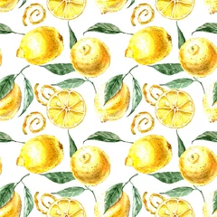 Papier peint Citrons modèle sans couture de citrons jaunes avec des feuilles sur fond orange, illustration aquarelle